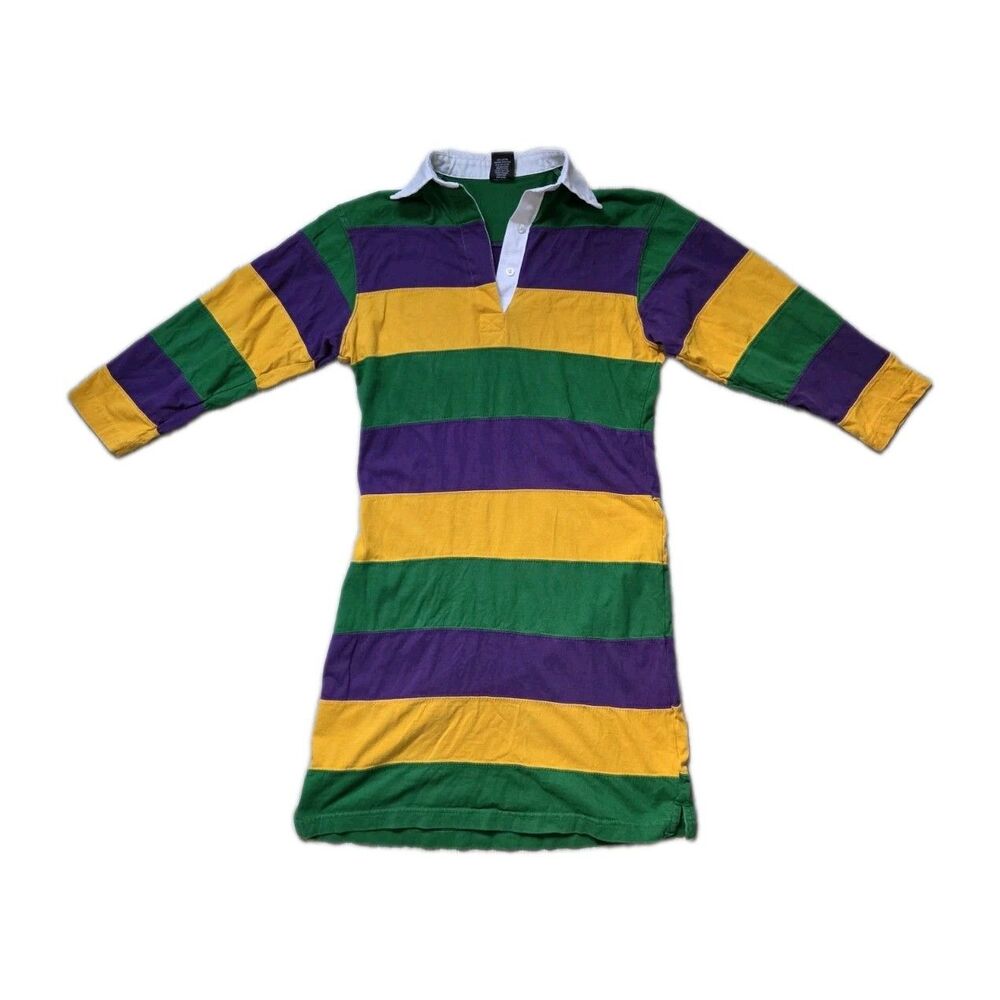NOLA Mardi Gras Rugby Dress Green Purple Gold Striped Cotton Womens Small EUC